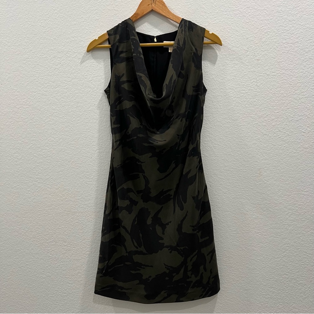 Michael Kors 100% Silk Muted Olive Green Holiday Party  Dress Size 0 Draped Neck